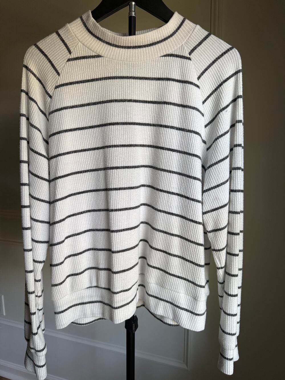 EVEREVE Ivory Black Stripe Rib Knit Sweater Mock Neck Relaxed Top Large